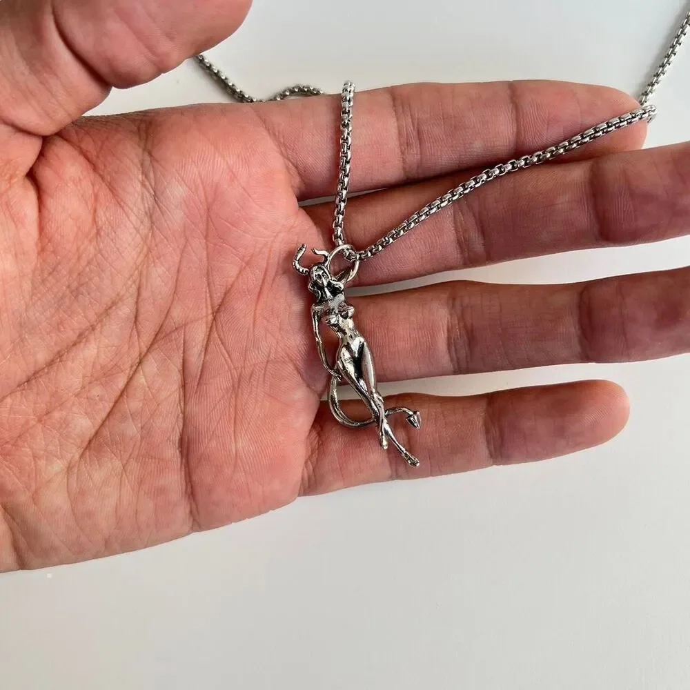 y2k silver heavy metal punk grunge emo devil girl pendant necklace